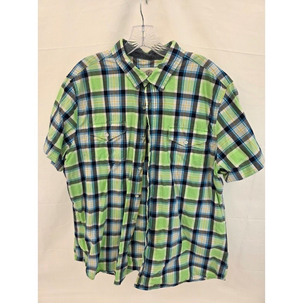Roebuck & Co Mens XL Plaid Short Sleeve Button Down Shirt Lime Green Blue Cotton